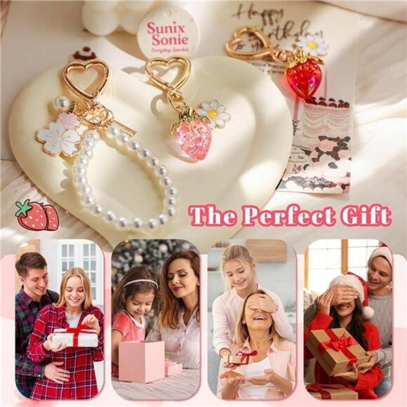 Strawberry keychain flower cherry blossom bag charm cute car key accessory set - Picture 6 of 7